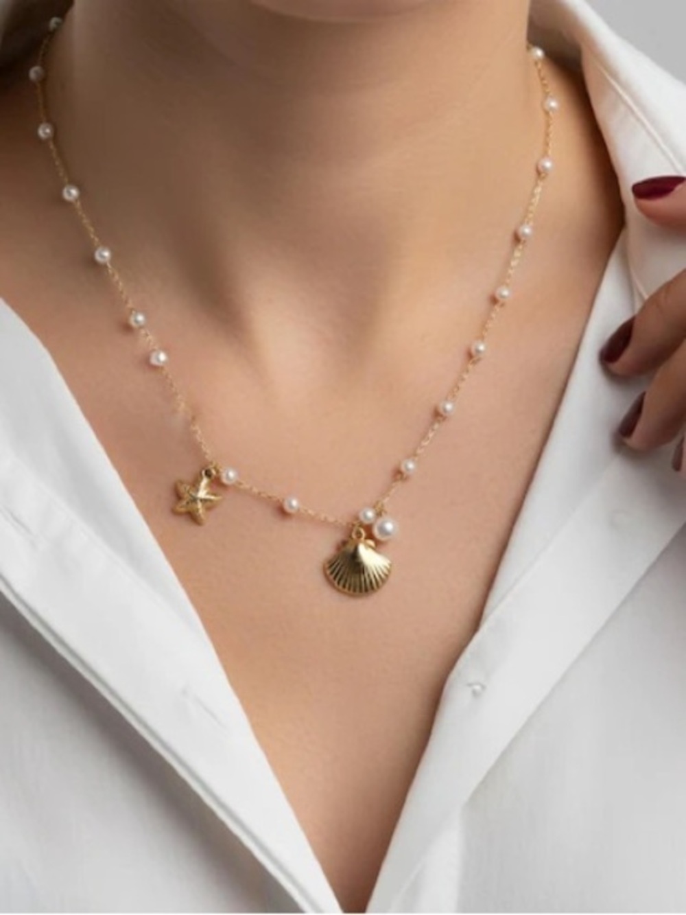 18k Gold Plated Shell and Starfish Necklace with Pearls